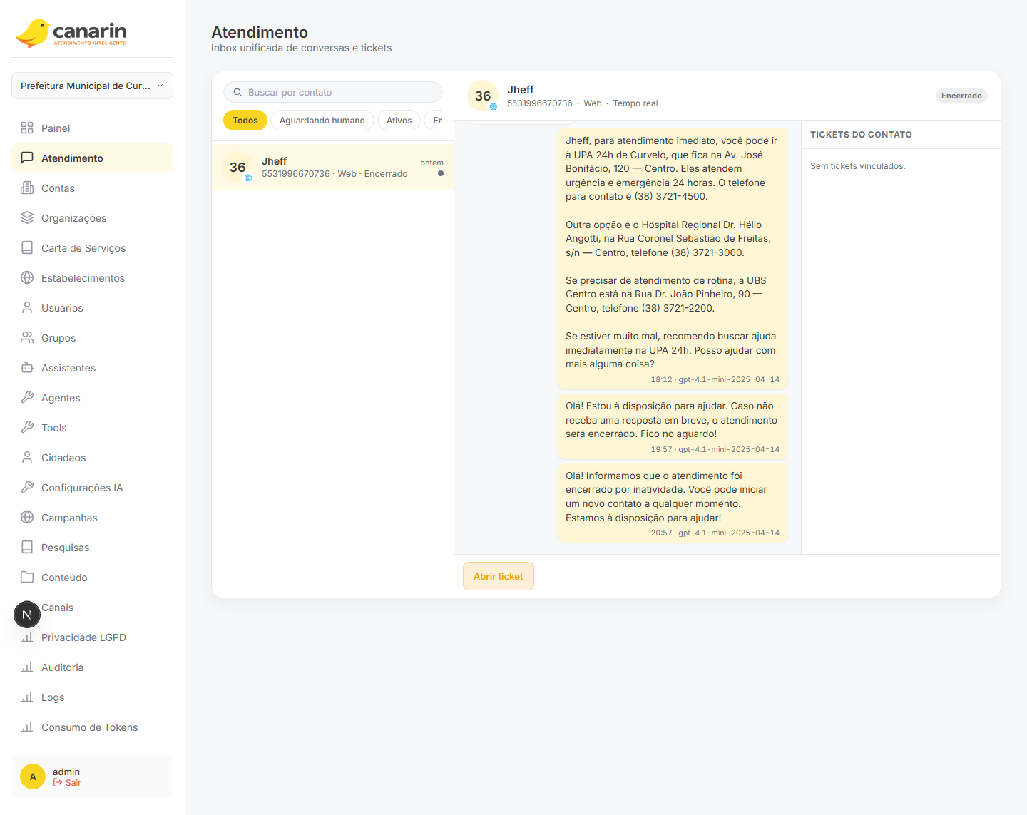 Inbox — centro operacional com histórico da conversa