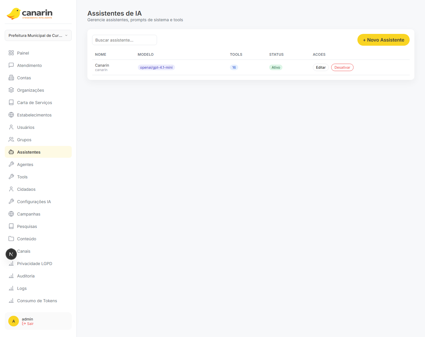 Gestão de assistentes — identidade e instruções